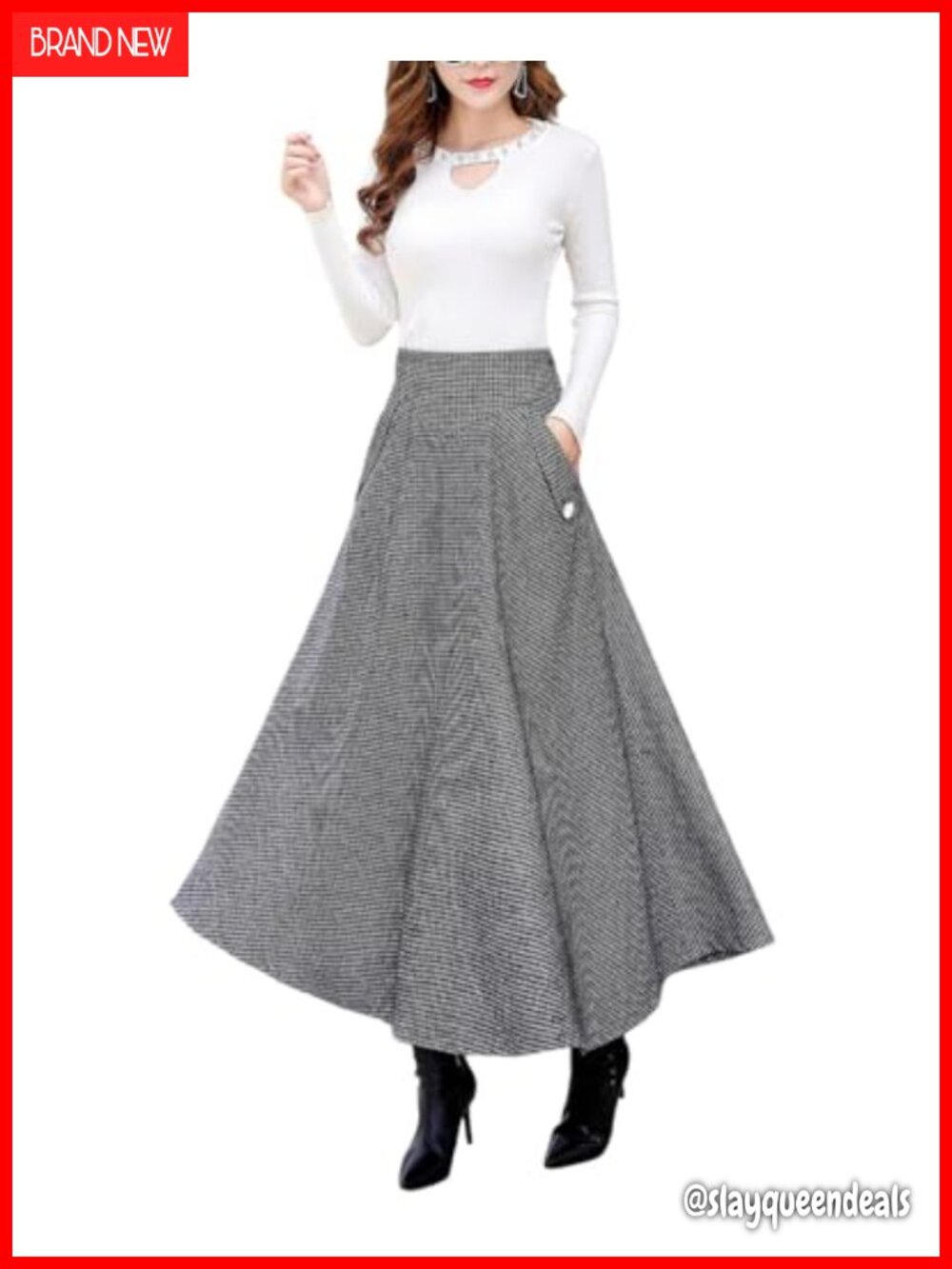 Wool Blend Plaid A-Line Skirt High Waist Pleated Winter Fall